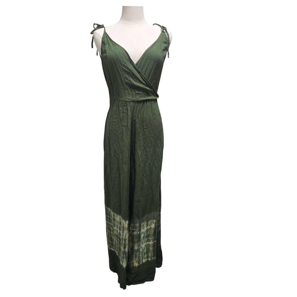 Olive Green Tie Dye Wide Leg Surplice Jumpsuit Boho Shoulder TIDA O/S SEE MEZ